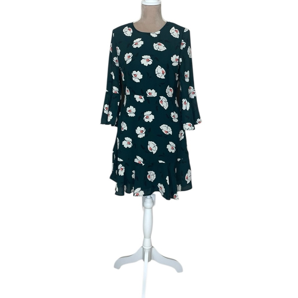 J.O.A. Dark Green Floral Ruffle Hem Dress
